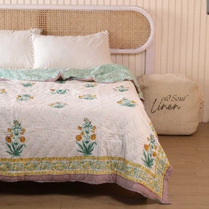 Boho Block Print Quilt 100% Cotton Reversible Floral Twin Queen Size Bedspread - Picture 1 of 9