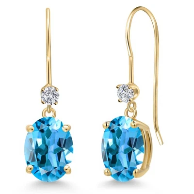 14K Yellow Gold Swiss Blue Topaz and Lab Grown Diamond Earrings for Women | - Image 1 of 4