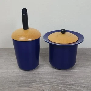 Hoganas Keramik Collection M L Hellgren Eva Hanner Juego Tarro Azul Tapa Madera - Imagen 1 de 10
