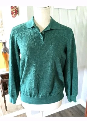 90s Alfred Dunner green embossed floral Long Sleeve Pullover top Petite Small - Image 1 of 4