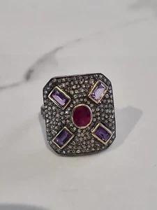 Sterling Silver Ruby, Amethyst & Diamond Ring ( Size N) - Picture 1 of 17