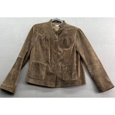 VTG Liz Claiborne Jacket Womens Sz M Brown Suede Collarless Button Front Cropped - Image 1 of 4
