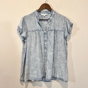 Blusa Jane + Delancey Lyocell Denim Manga Volantes XL Lavado Claro Cambray Top - Imagen 1 de 8