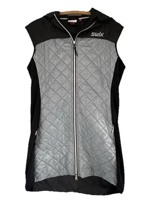 Colete acolchoado longo feminino SWIX com capuz, médio, prateado/cinza, painéis laterais pretos - Imagem 1 de 4