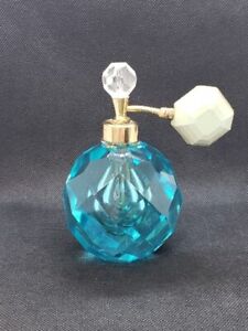 Vtg I W Rice Co  Blue Hand Cut Faceted Crystal Perfume Bottle Glass Japan