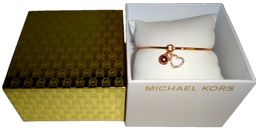Bracciale Michael Kors 2 Charms Logo e Cuore Oro Rosa Gancio e Occhielli Cristalli + SCATOLA