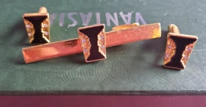 Black & gold toned cufflinks & tie clip set - Picture 1 of 3