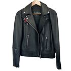 Zapa Paris Leather Biker Jacket Black Embroidered Snake And Flowers Size 40