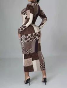 Abito Sexy Materiale Elasticizzato Manica Lunga OS Reversibile In Marrone E Tan - Foto 1 di 14