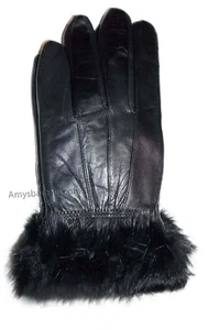 New size (XXL) women's fur trimmed leather gloves, black warm winter gloves. - Picture 1 of 11