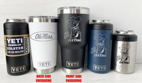 OLE MISS REBELS YETI Laser Engraved 20 or 30 oz. Tumblers and Colsters- 2-SIDED Cover