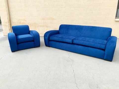 1930's French Art Deco Sofa and Chair Set, Refinished in Blue Velvet Cover