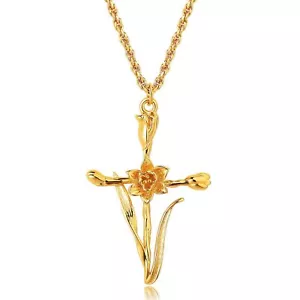 Collana Croce Fiore Nascita,Oro 18k Personalizzata Mese Nascita Ciondolo Floreale Collane - Foto 1 di 18