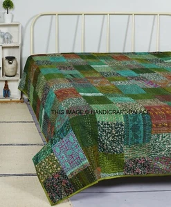 Indian Vintage Green Silk Sari patchwork Handmade Kantha Quilt Bedspread- TWIN - Picture 1 of 3