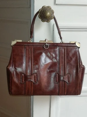 Sac façon médecin ancien, sac diligence en cuir marron  - Photo 1/4