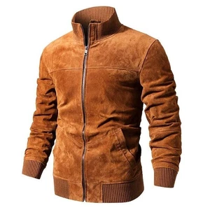 Brown Bomber Leather Jacket Men Pure Soft Suede Leather Coat  - Picture 1 of 4