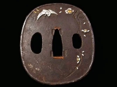 Japan antique Edo era crane ume plum mito school Tsuba Iron sword No Box  - Image 1 of 4