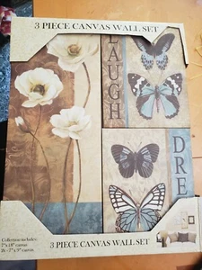3 Piece Canvas Wall Set you pick butterflies and flowers or birds with sayings - Foto 1 di 2