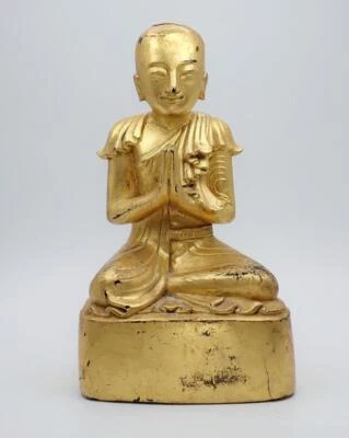 Старинная бирманская позолоченная лакированная деревянная статуэтка молящегося Будды XIX в. - Изображение 1 из 4