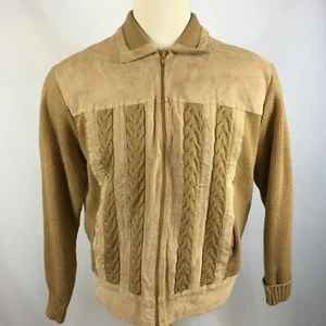 Vintage 60s 70s Montgomery Ward Cable Knit Leather Suede Sweater Jacket Coat Mod - Picture 1 of 7