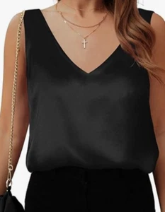 NEW HWOKEFEIYU Women's Sleeveless Satin Tank Top Black Size 2XL - Picture 1 of 1