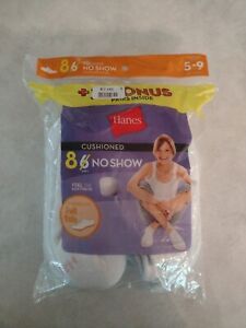 8 Pair Hanes Women's Cushion Cotton No Show Socks Shoe Size 5-9 White Comfort 