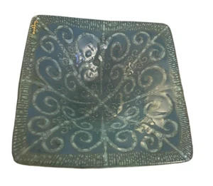 Vintage MCM Modern Higgins Arabeske Regency Quadrat Glas Blau Grün Schale 5" - Bild 1 von 5