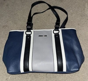 Dana Buchman 4 Tone Blue,grey,white,black  Striped Shoulder Bag Lots of Pockets - Picture 1 of 7