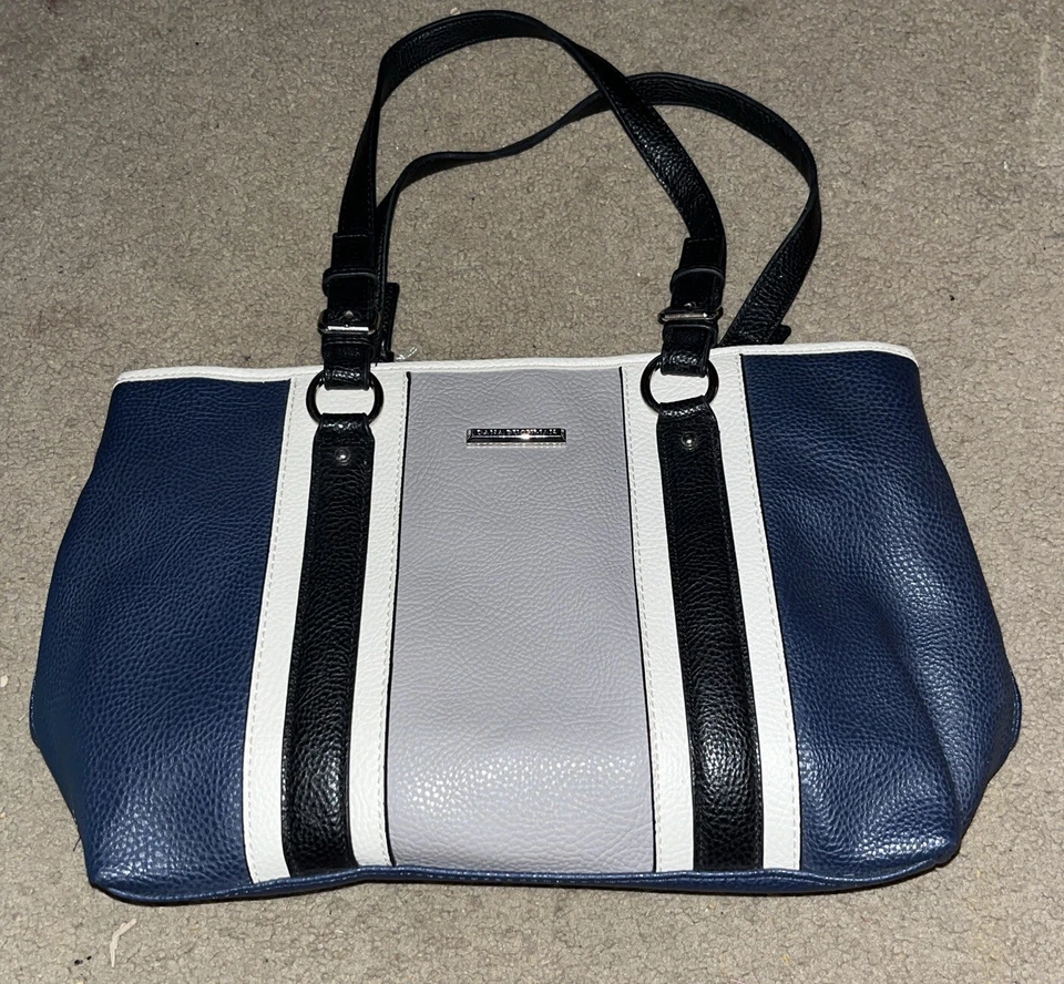 Dana Buchman 4 Tone Blue,grey,white,black  Striped Shoulder Bag Lots of Pockets - Image 1 of 4