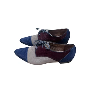 Anthropologie All Black Pony Hair Oxfords Shoes SZ 38.5 8. Navy/Burgundy/Taupe - Picture 1 of 9