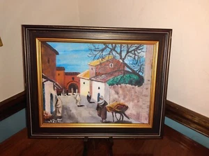 Signiertes Vintage Original Gerahmtes Öl Leinwand Gemälde Marokko ? Moroccan Street - Bild 1 von 16