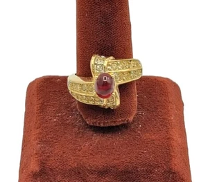 Vtg Sz 8 Ring ESPO 14KGE Red Glass Cabochon Rhinestones ESPOSITO Jewelry Mogul - Picture 1 of 6