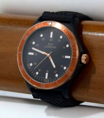 NUEVO NY London 9809 Naranja Borde Moneda Bisel Negro Neumático Banda Silicona Reloj Foto 1 de 4