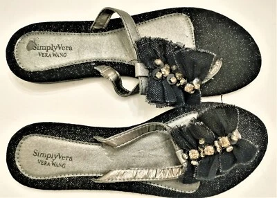 Simply Vera Vera Wang Black With Rhinestone Bling Flip Flops/Sandals Size 7-8M - Image 1 of 4