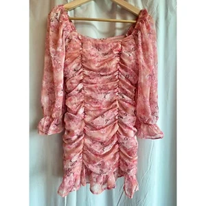 KL Closet by Khanh Linh Mini Dress Pink Floral Chiffon Ruched Ruffle Padded Med - Picture 1 of 12