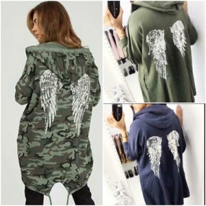 Ladies Sequin Angel Wings Back Over-sized Hoodie Women Jacket Coat Cardigan - Picture 1 of 16