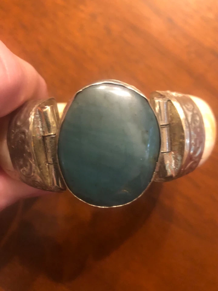 Vintage Rare Bone & Green Quartz Stone Cuff Bracelet Tribal Women’s Jewelry - Image 1 of 4