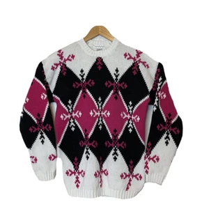Picone Sport Womens Crew Neck Sweater Size M White Pink Black Argyle Cotton VTG - Picture 1 of 5