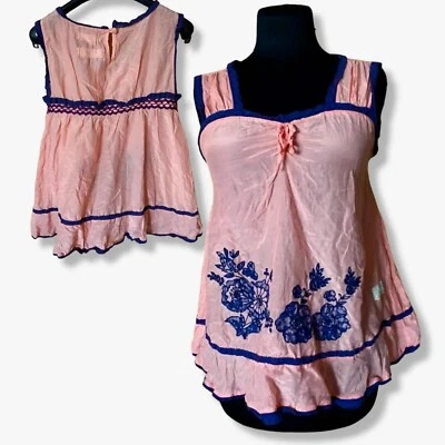 Odd Molly Womens Top Summer Sleeveless Silk Pink Embroidery Blue Ethnic Size 1,S - Image 1 of 4