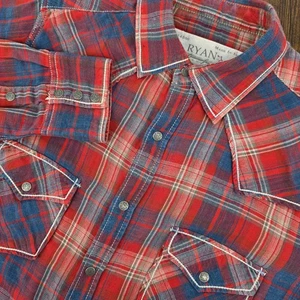 Ryan Michael Flannel Metal Snap Long Sleeve Red Blue Plaid Western Men's M - Picture 1 of 7