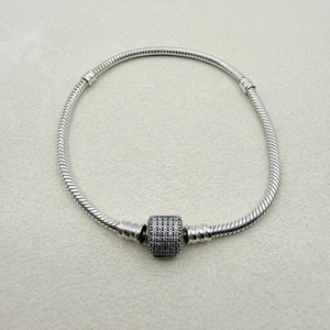 Pandora Sterling Silver Pave Clasp Signature Barrel Charm Bracelet 8.5 in - Picture 1 of 15