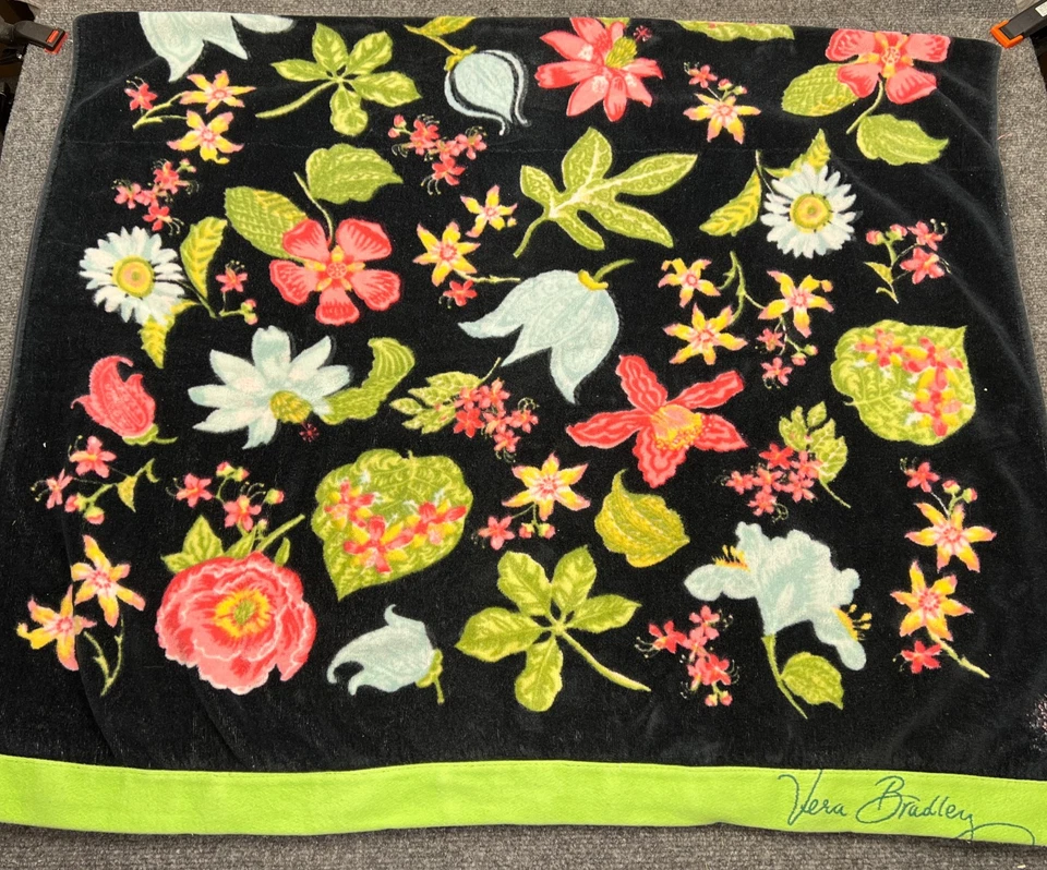 Vera Bradley Flowers and Leaves Black Beach Towel Green Border 60" X 35" - Image 1 of 4