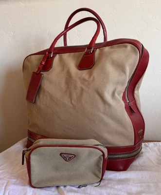 Bolso de Viaje PRADA Grande Convertible Talla Cuero Rojo Con Lona Tostada Foto 1 de 4