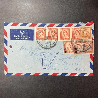  1958 NEW ZEALAND Auckland AIRMAIL COVER to USA Miami Beach Queen Elizabeth  - Image 1 of 2
