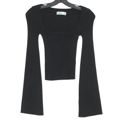 Hollister Top Y2K 罗纹喇叭袖 70 年代 Goth 极简主义方领黑色 XS — 第 1/4 张图片