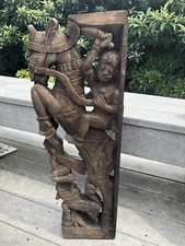 Antique Hand Carved Asian Wood Art Panel figural Warrior Horse With Dragon 30”