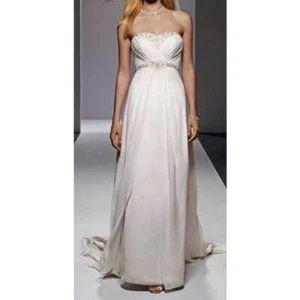 GALINA Signature Strapless Chiffon Pleated Beaded Wedding Gown Dress Size 12 NWT - Picture 1 of 12