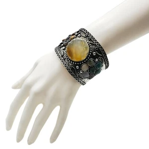 Verziertes Messing und Achat Manschette Boho Armband versilbert Tribal Modeschmuck - Bild 1 von 6