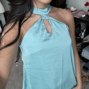 Teal Halter Tank Blouse, Key Hole Detail, Pearl Accent, S - Picture 1 of 6