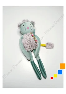 Peluche/Doudou Hochet Grelots Chat Vert/Bleu Gris 25cm Les Pachats - Moulin Roty - Picture 1 of 6